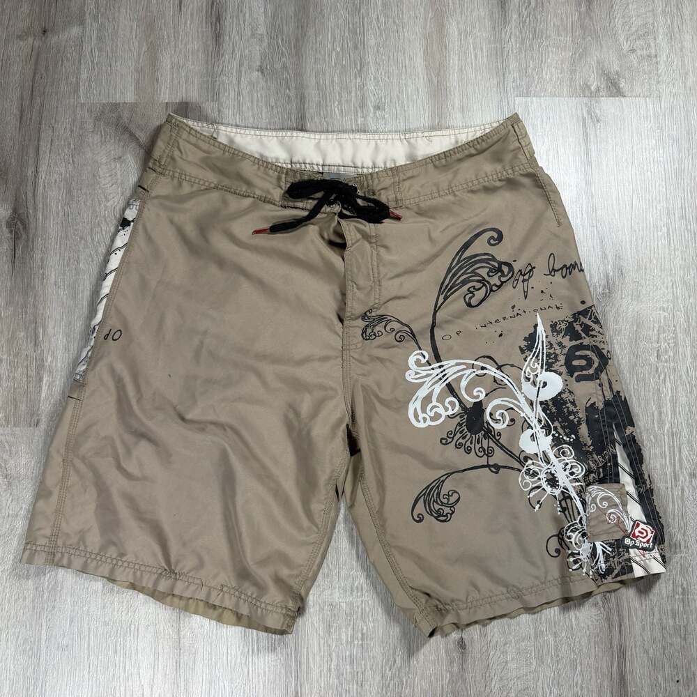 Mens Op Sport Boardriding Company Khaki Graphic Y2K Board Shorts Large Surf